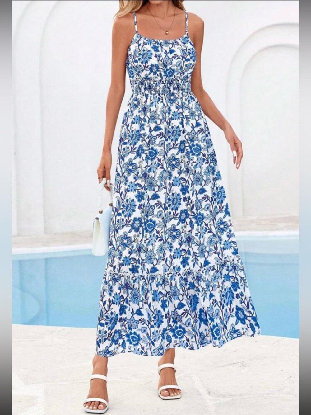 Scoop-Neck Floral Print Maxi Dress in Blue